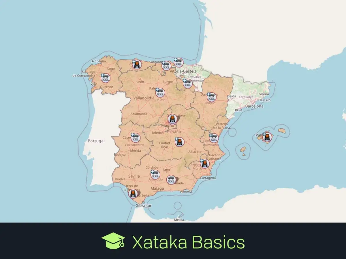 Mapa de incidencias carreteras Catalunya y Espa&ntilde;a. Iconos de camiones y XXL indican puntos de inter&eacute;s.