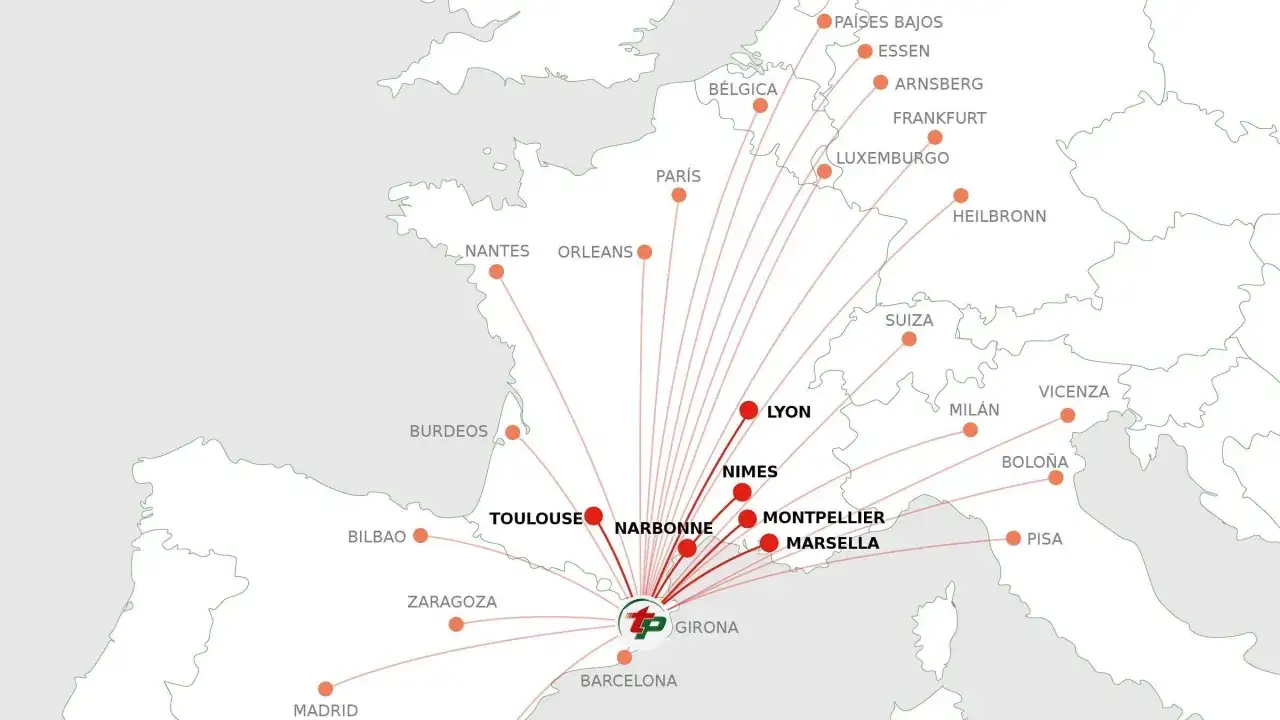 Mapa de rutas a&eacute;reas desde Narbona, cruzando las fronteras de Francia hacia B&eacute;lgica, Pa&iacute;ses Bajos, Alemania, Suiza e Italia.