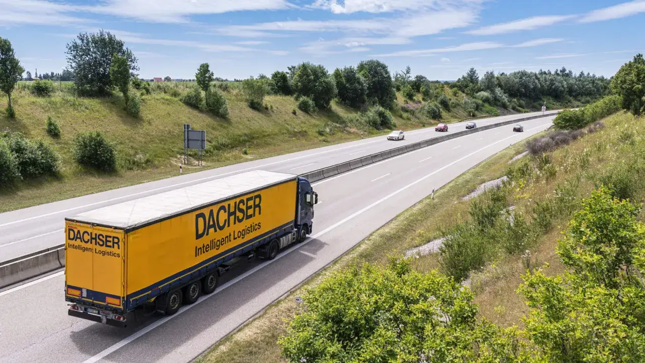 Cami&oacute;n Dachser en autopista alemana, sin peajes visibles, transportando carga.