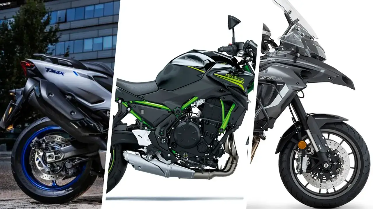 Tres motos: Yamaha TMAX, Kawasaki Z650 y Benelli TRK. ¿Qué cilindrada puedo llevar con el A2? La Z650 es una opción.