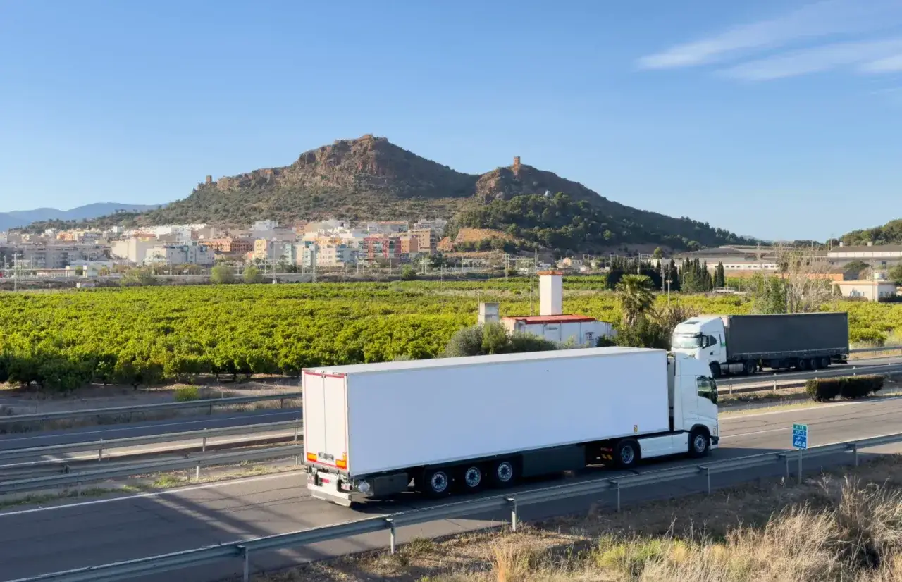 Dos camiones circulan por la autopista, con un campo de naranjos y un pueblo al fondo. Parece que sí pueden circular los camiones los domingos.
