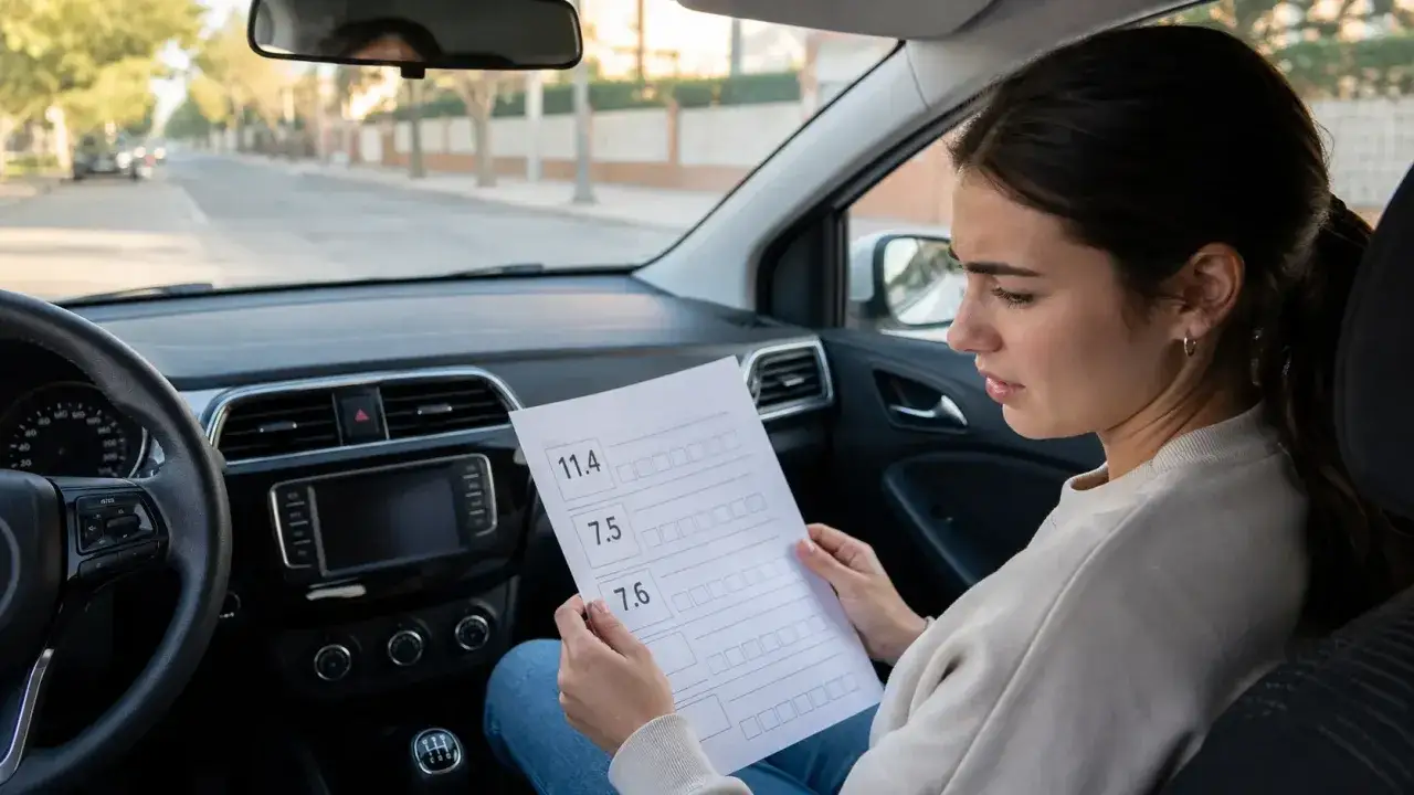 Joven revisa apuntes de c&oacute;digos examen DGT en el coche, prepar&aacute;ndose para la prueba.