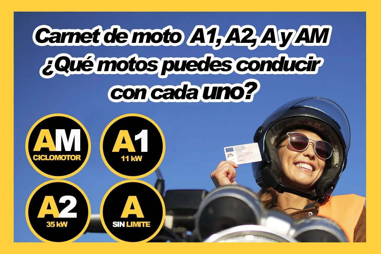 Mujer sonriente con casco y licencia de moto, mostrando los diferentes permisos de moto: AM, A1, A2 y A.