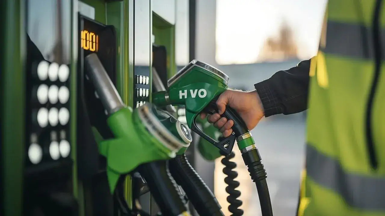 Mano con boquilla HVO en gasolinera. El profesional se prepara para la declaraci&oacute;n de gas&oacute;leo, un paso hacia un futuro m&aacute;s verde.