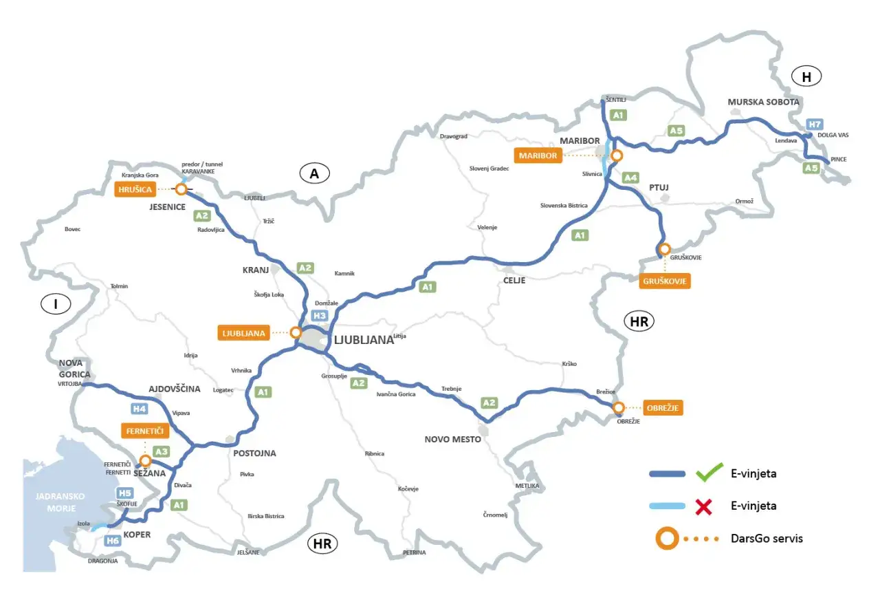 Mapa de Eslovenia mostrando rutas y peajes. Se destacan las autopistas A1, A2, A3, A4, A5, H3, H4, H5, H6, H7 y los servicios DarsGo.