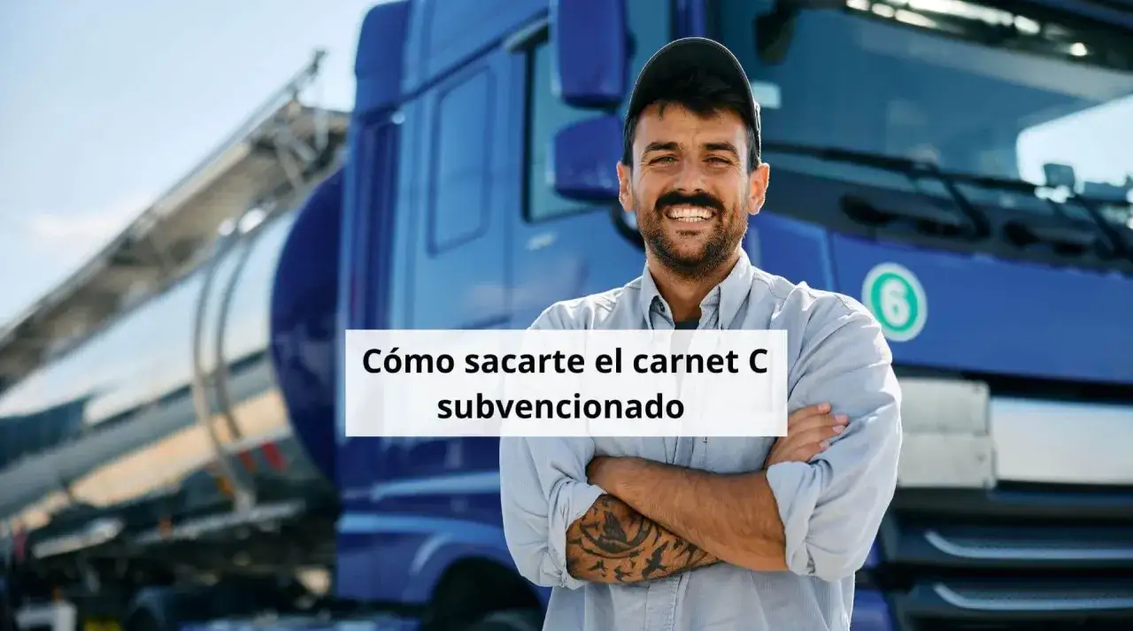 Conductor sonriente junto a un camión cisterna, con texto 