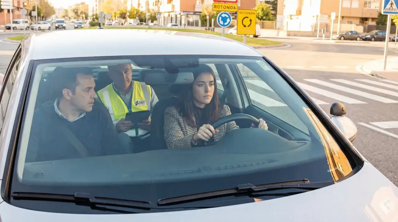 Una joven con nervios examen conducir, con un instructor y un examinador en el coche, se enfrenta a una rotonda.