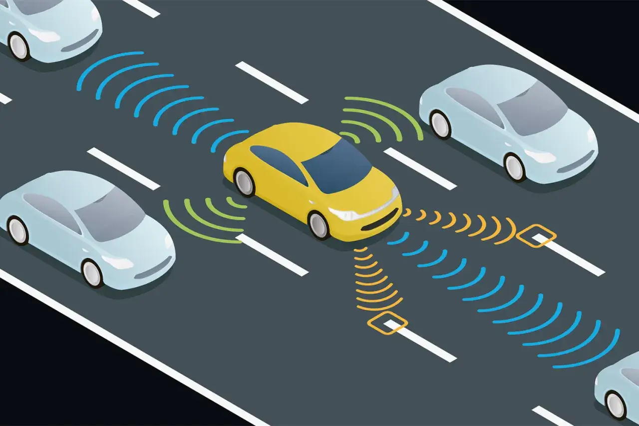 Coches en carretera con ondas de comunicación, mostrando el funcionamiento de sistemas ADAS para una conducción segura y autónoma.