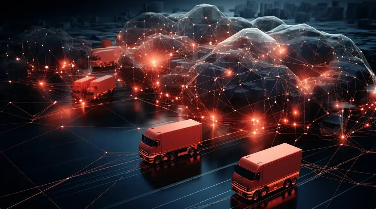 Camiones rojos en una red digital brillante, representando el futuro del transporte carretera y la logística conectada.