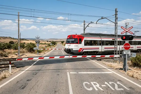 Un tren de carretera de Renfe cruza un paso a nivel con barreras rojas y blancas bajadas. El semáforo está en rojo.