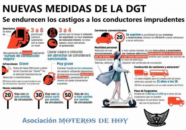 Infografía sobre nuevas medidas de la DGT. Se detalla que las motos sí pueden circular entre los coches, pero con restricciones de velocidad.