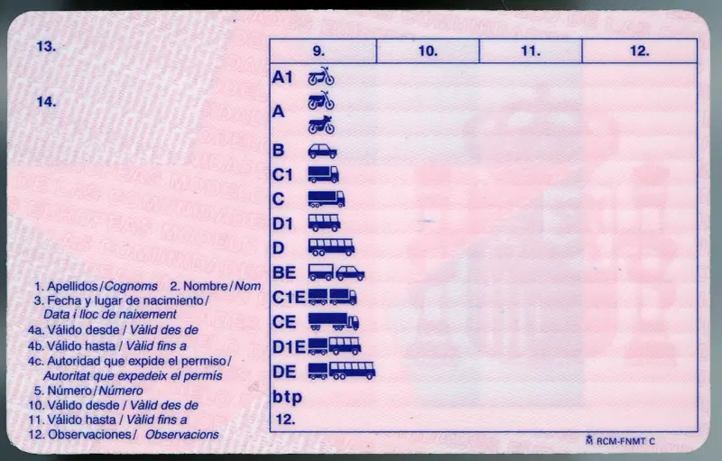 Carnet de moto 15 años, con categorías A1, A y B. Muestra iconos de vehículos y campos para datos personales y validez.
